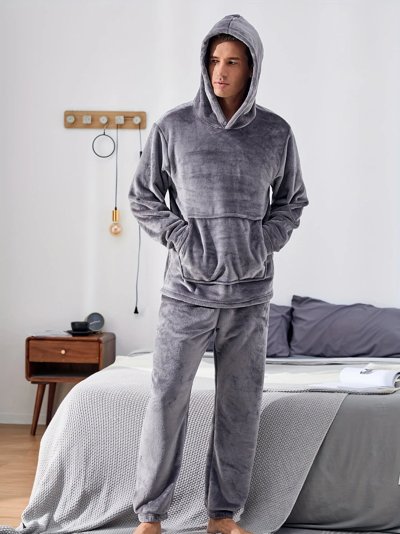Men's Warm Cozy Fluffy Flannel Fleece Hooded Pajamas Set, Warm Fleece Pajamas With Fluffy Hood For Fall And Winter