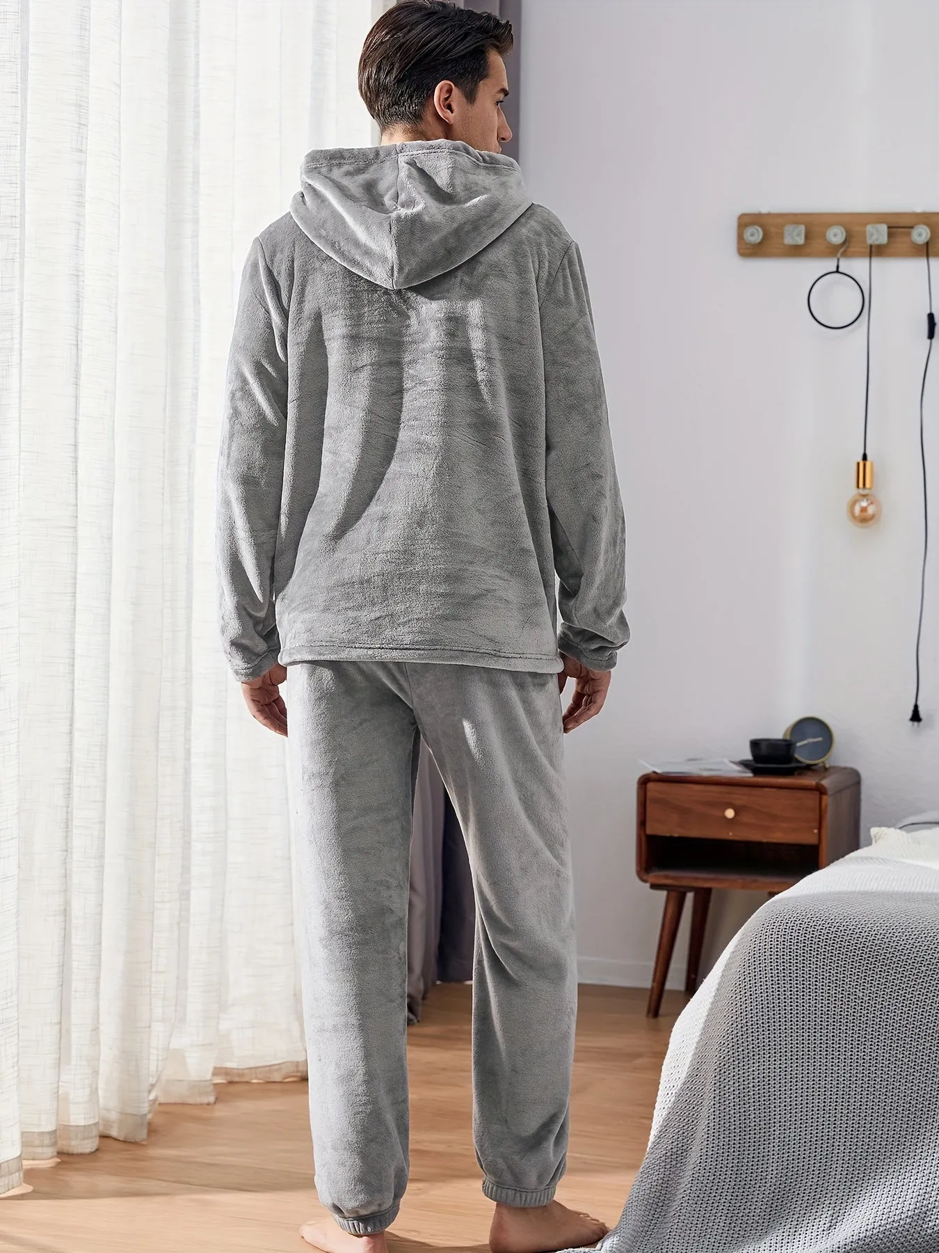 Men's Warm Cozy Fluffy Flannel Fleece Hooded Pajamas Set, Warm Fleece Pajamas With Fluffy Hood For Fall And Winter