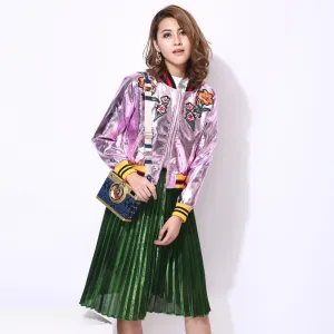 metal laser PU leather embroidered flowers bomber jacket women basic coat clothing fashion