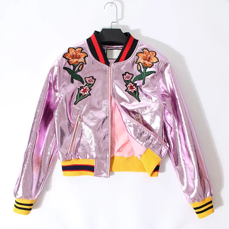 metal laser PU leather embroidered flowers bomber jacket women basic coat clothing fashion