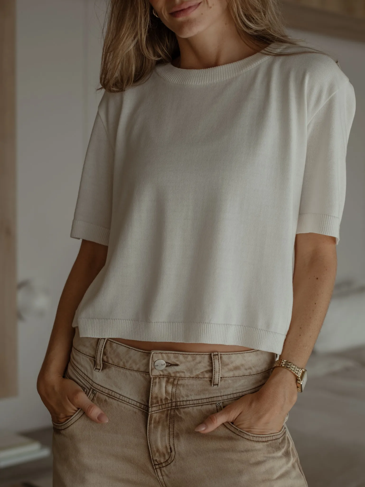 MIDI  BASIC KNIT T-SHIRT  - SOFT WHITE