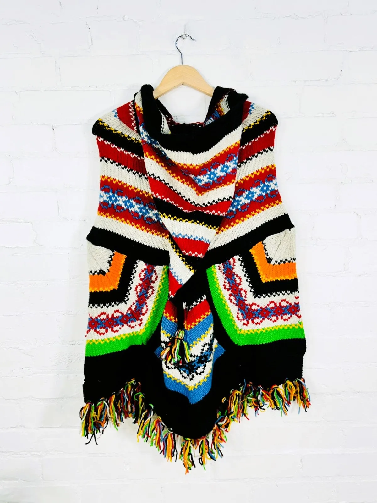 Multi Pattern V-Shape Hooded Poncho