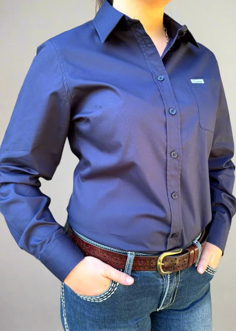 Navy - Collared Long Sleeve Cotton Shirt