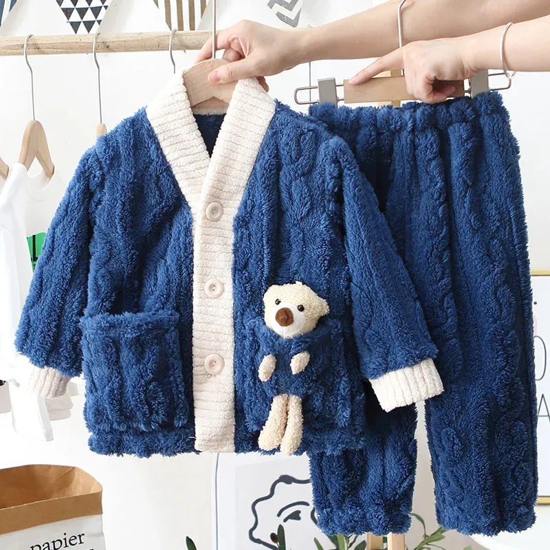 New 2023 Autumn Winter Kids Thicken Warm Flannel Pajamas Baby Boys Girls Cartoon Bear Casual Sleepwear Clothing Sets Pyjamas