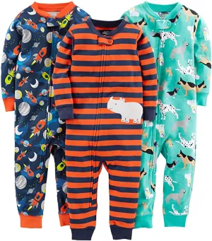 New Simple Joys by Carter's Baby Boys' 3-Pack Snug Fit Footless Cotton Pajamas! Rhino, dogs, space! Great for spring, summer or fall, Sz 18 Months