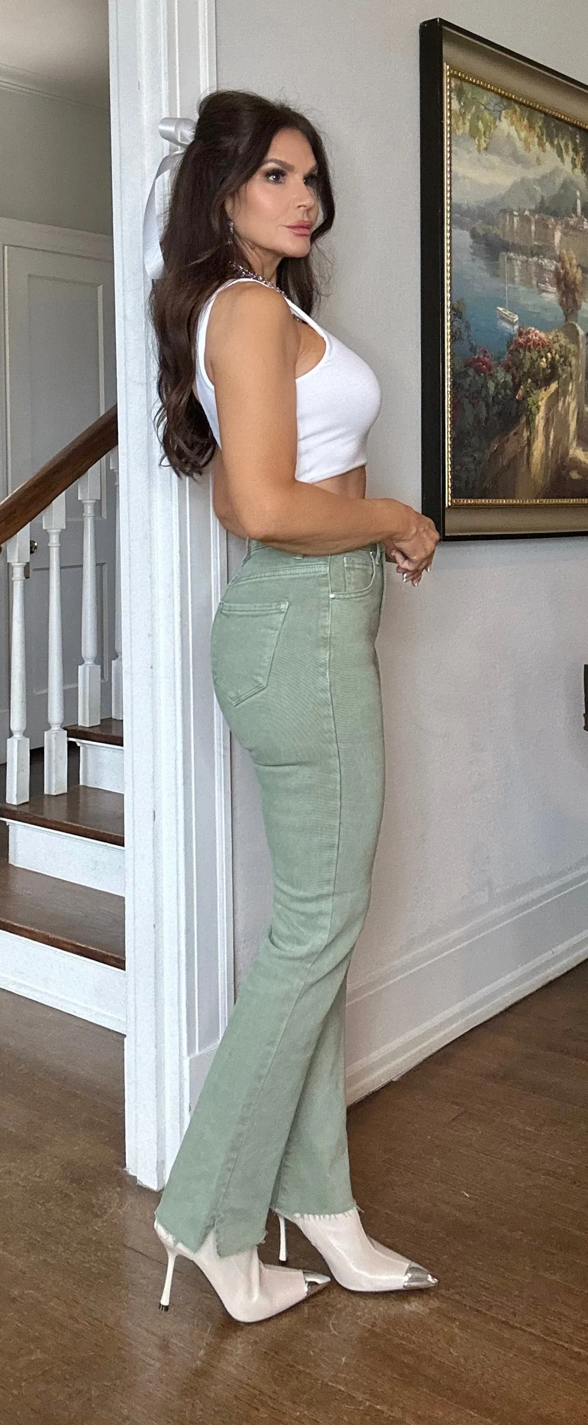 Nora Olive Raw Hem High Waist Jeans