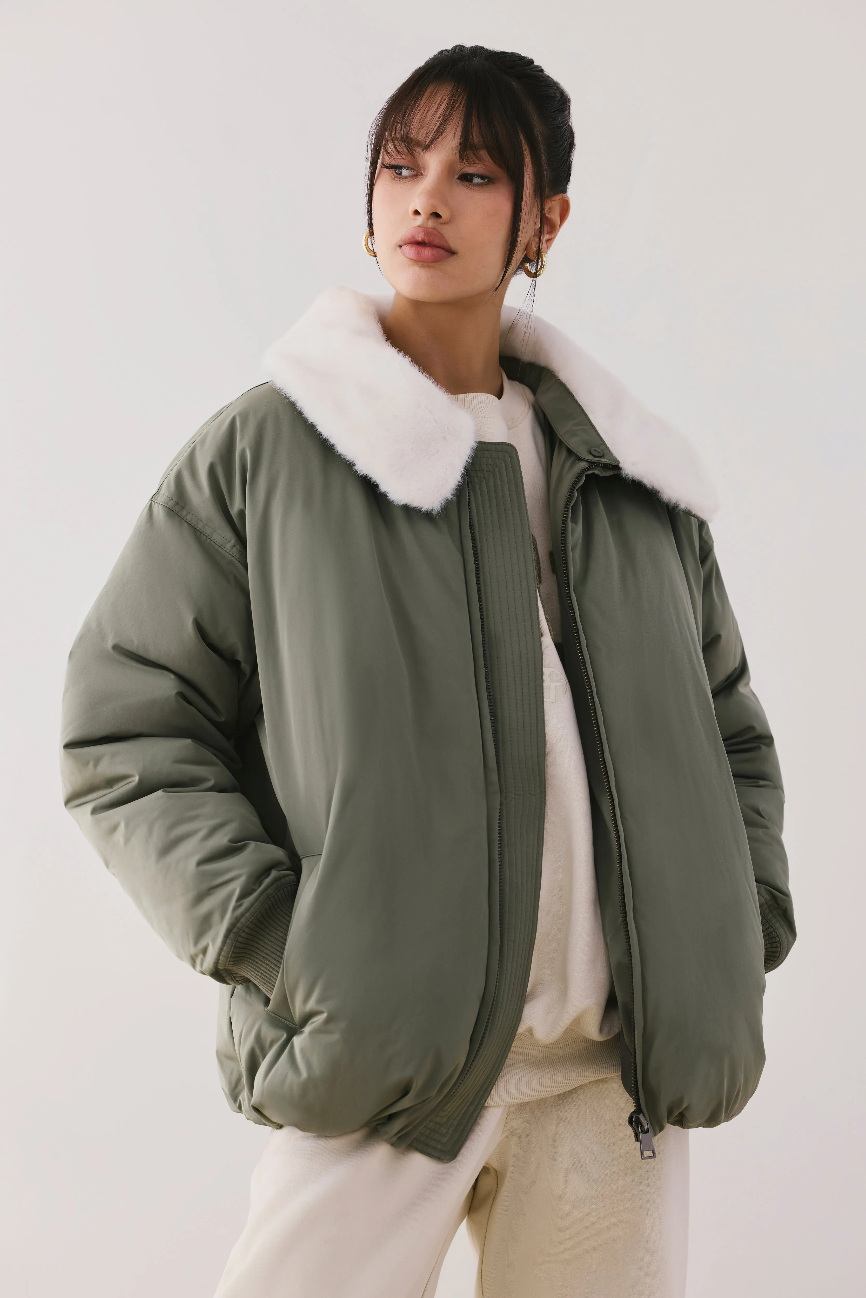 Oversized Bomber Jacket in Deep Olive