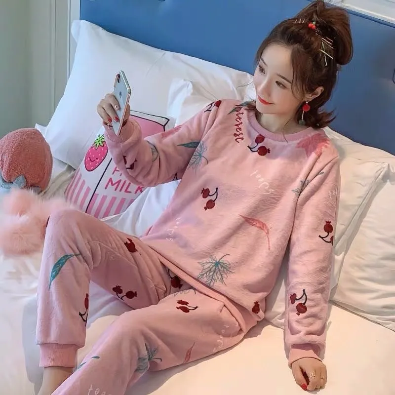 Pajamas Women's Winter Flannel Korean Style Long-sleeved Thickened Velvet Coral Fleece Cute Autumn And Winter Homewear Suit Women