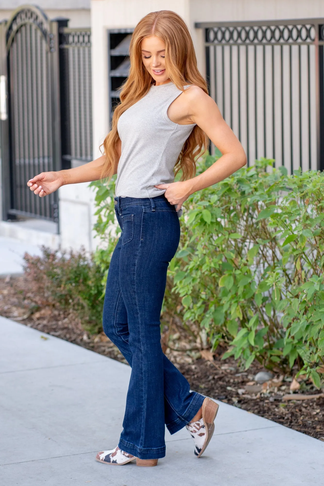 Patch Front Square Pocket Mid Rise Boot Cut