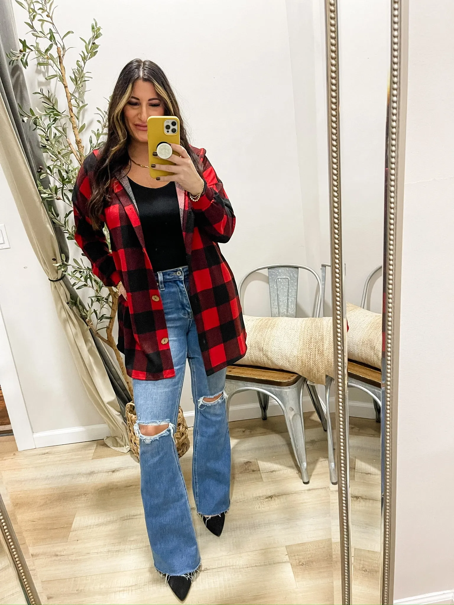 Plaid Button Front Hooded Shirt