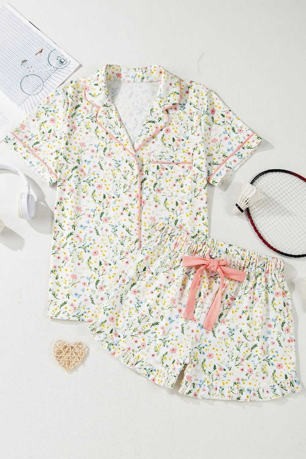 Printed Button Up Short Sleeve Top and Shorts Lounge Set S-XL