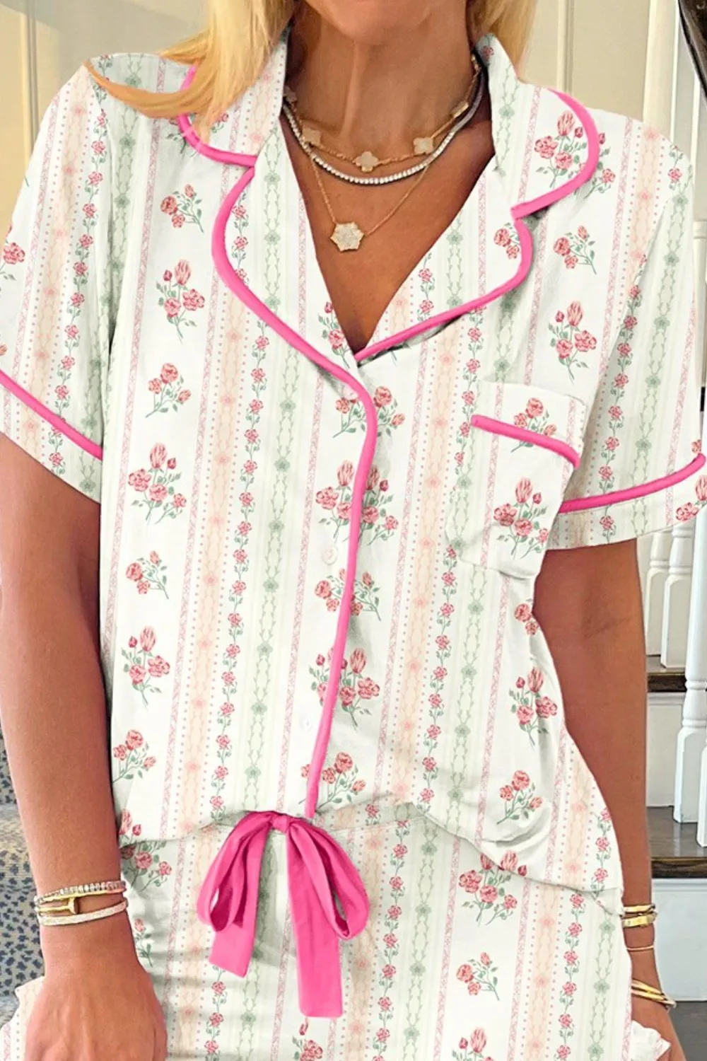 Printed Button Up Short Sleeve Top and Shorts Lounge Set S-XL