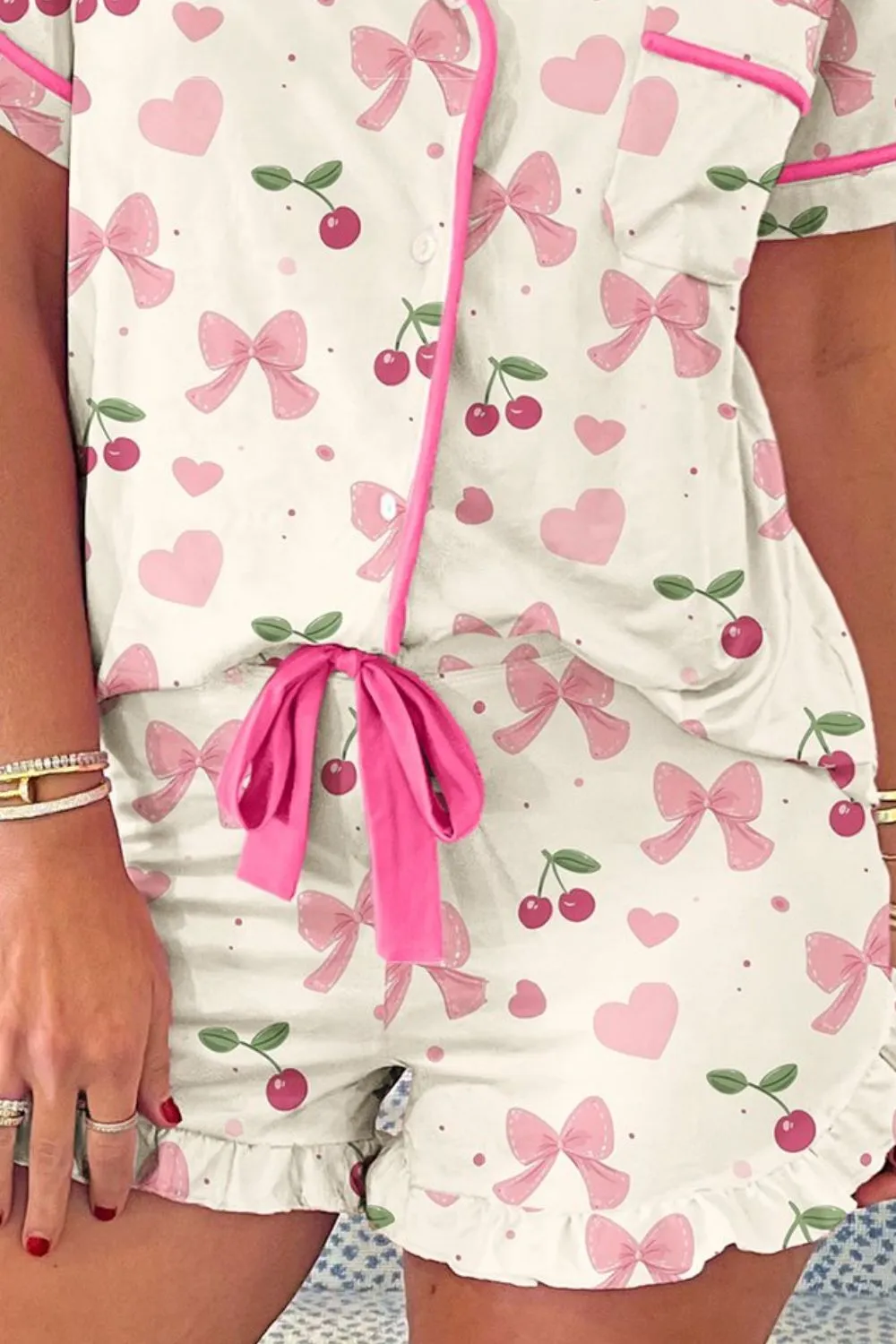 Printed Button Up Short Sleeve Top and Shorts Lounge Set S-XL