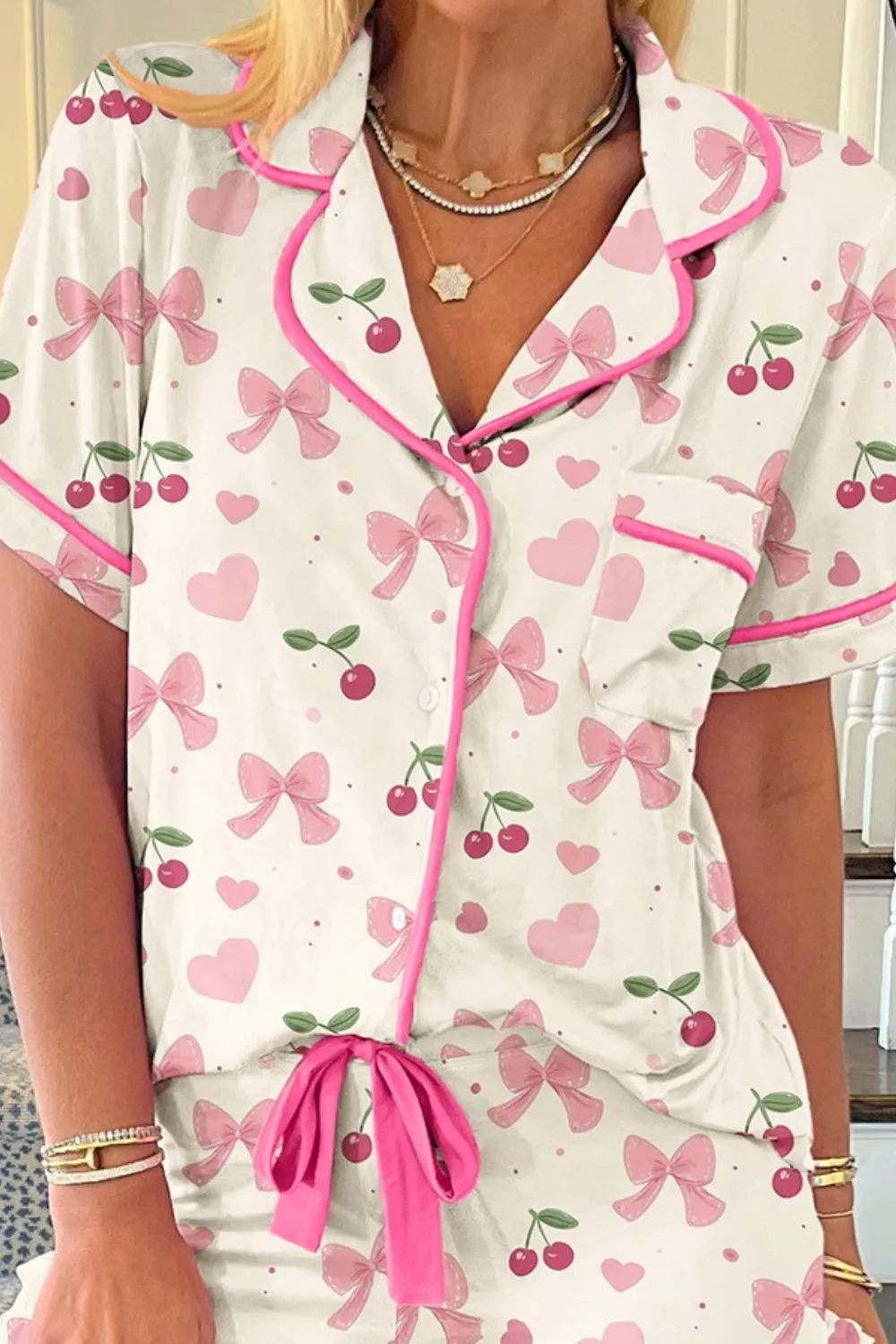 Printed Button Up Short Sleeve Top and Shorts Lounge Set S-XL