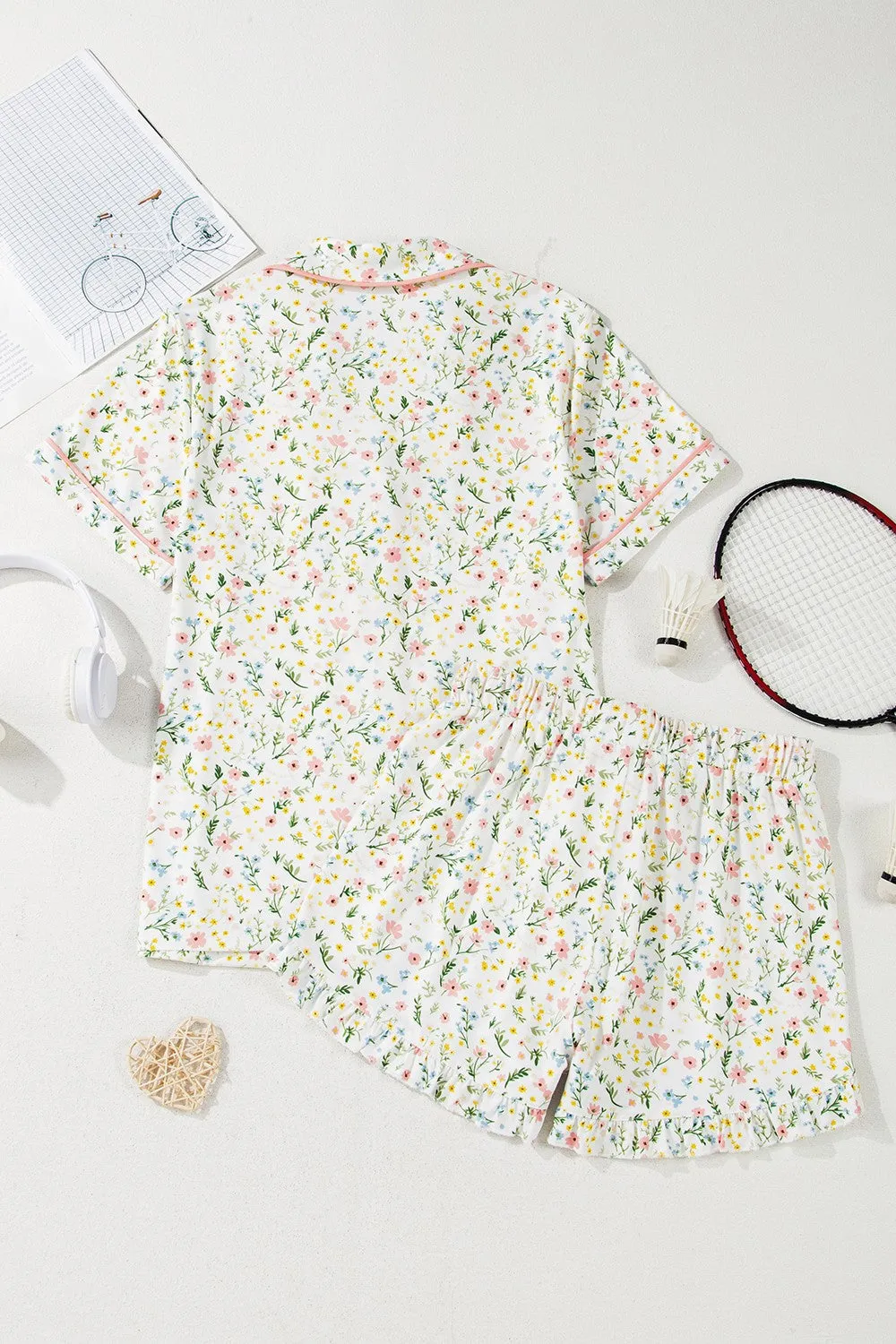 Printed Button Up Short Sleeve Top and Shorts Lounge Set S-XL