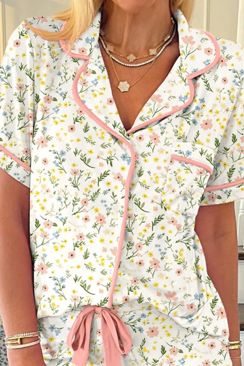 Printed Button Up Short Sleeve Top and Shorts Lounge Set S-XL