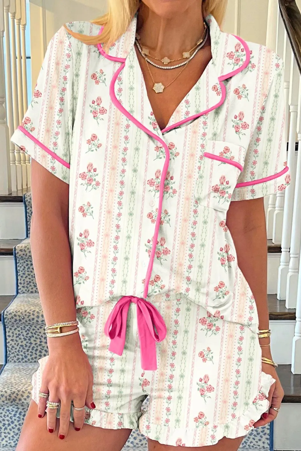 Printed Button Up Short Sleeve Top and Shorts Lounge Set S-XL