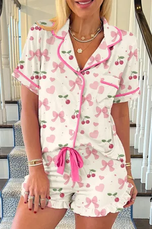 Printed Button Up Short Sleeve Top and Shorts Lounge Set S-XL