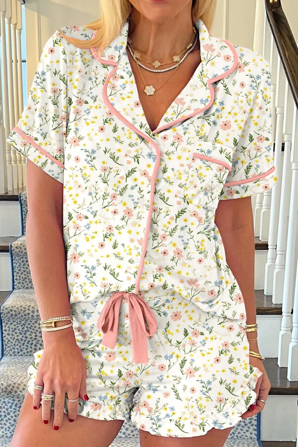 Printed Button Up Short Sleeve Top and Shorts Lounge Set S-XL