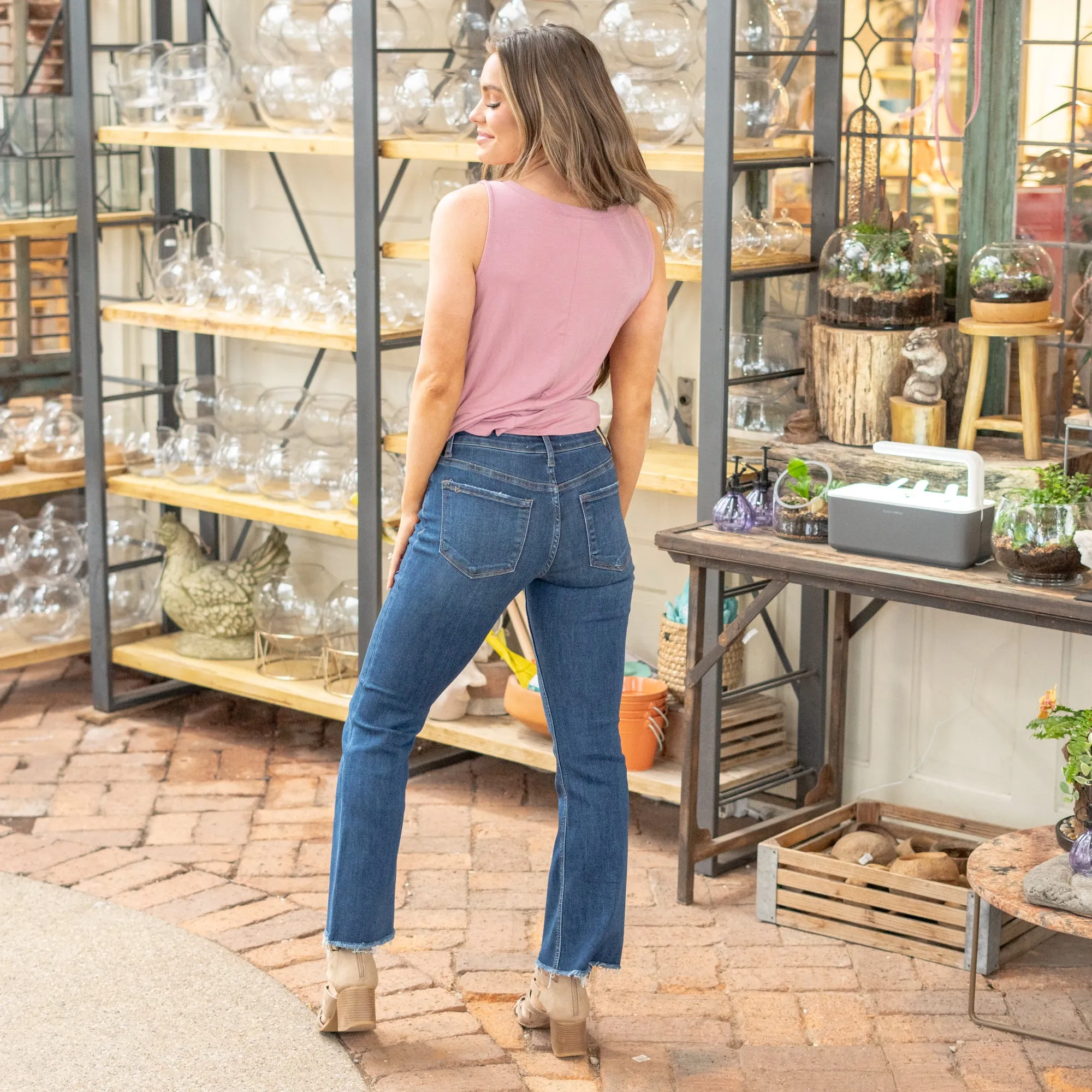 Privilege Mid Rise Raw Hem Kick Flare