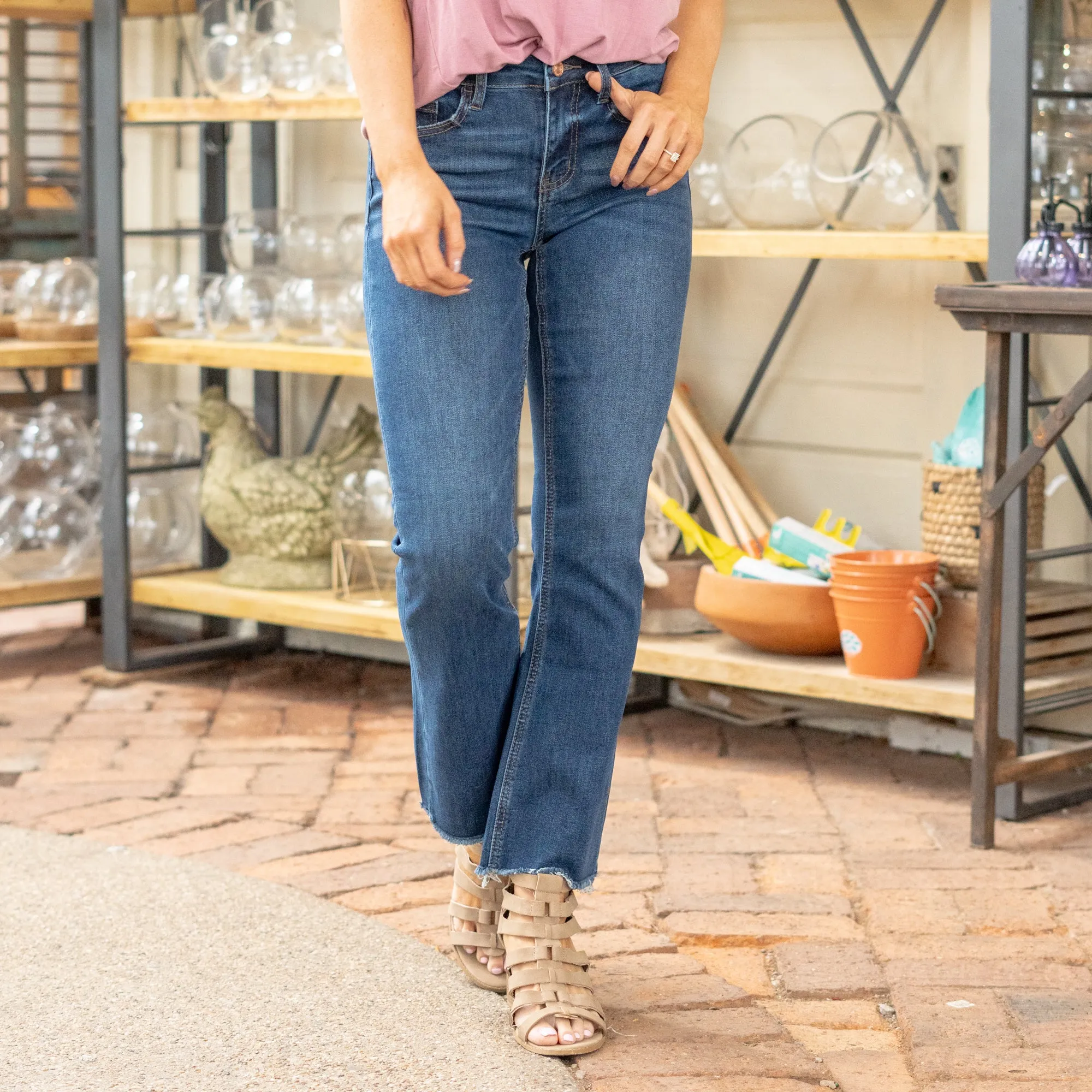 Privilege Mid Rise Raw Hem Kick Flare