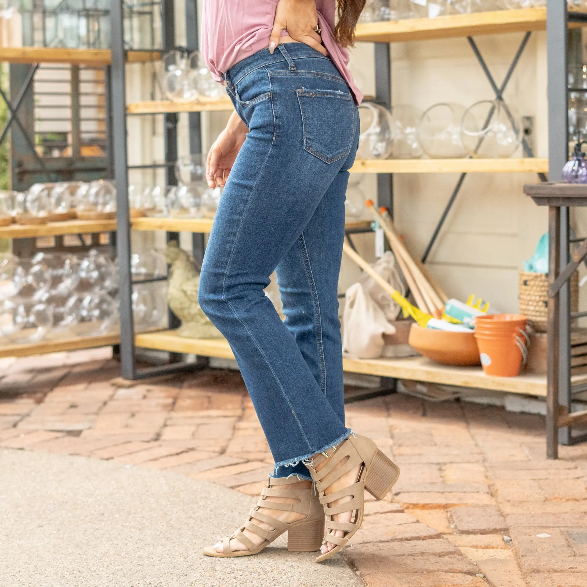 Privilege Mid Rise Raw Hem Kick Flare