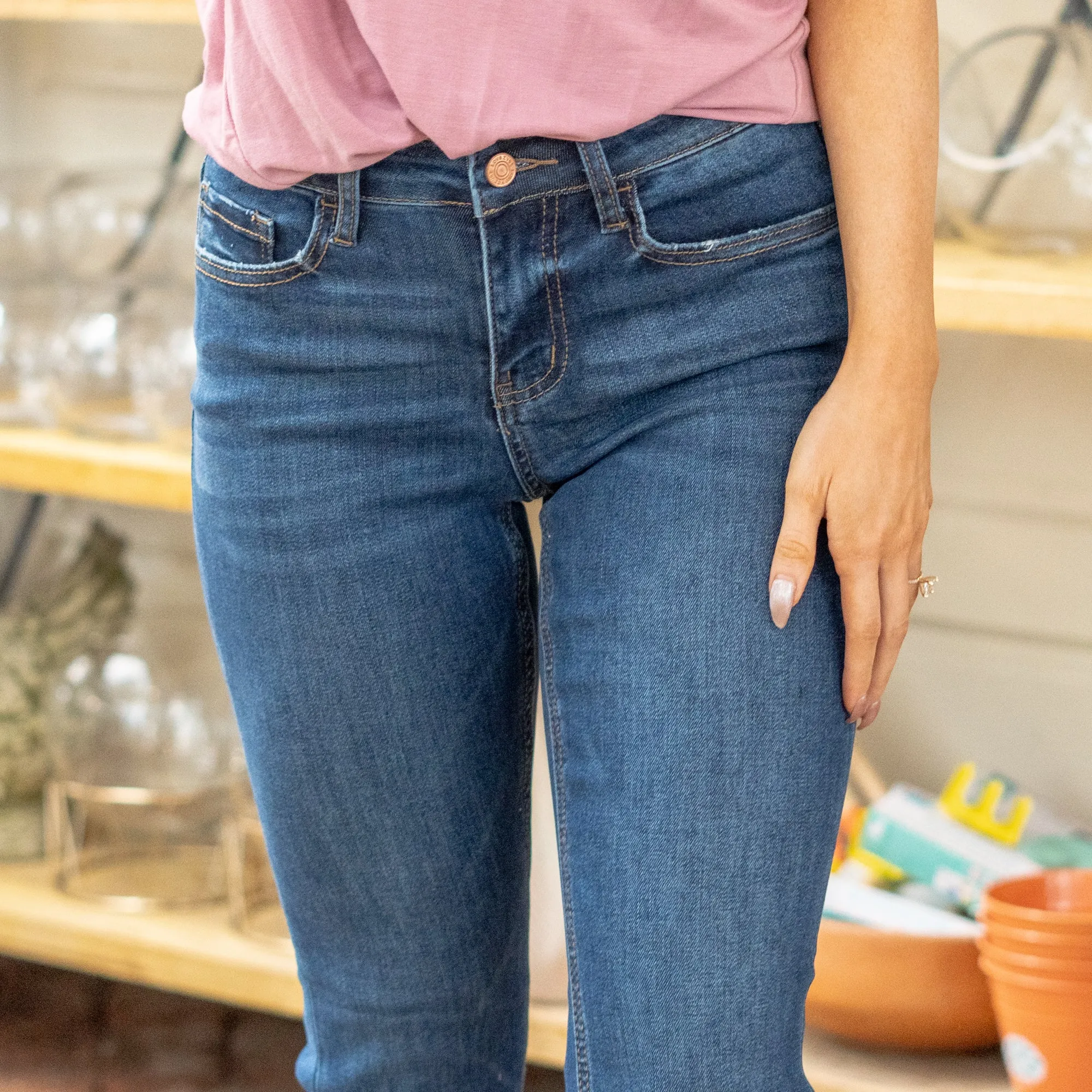 Privilege Mid Rise Raw Hem Kick Flare
