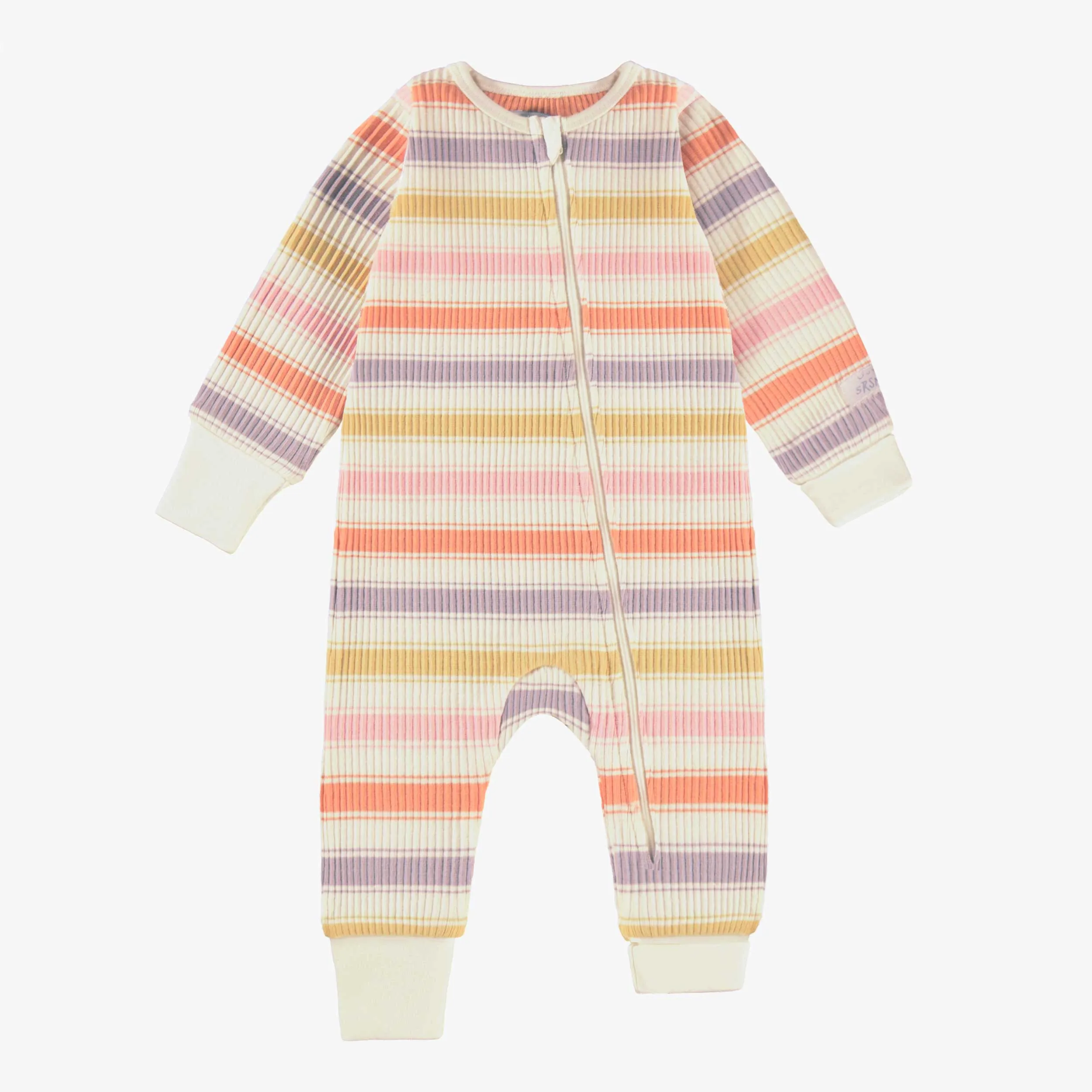 Pyjama crème en tricot côtelé à rayures, bébé || Cream pajama in ribbed knit with stripes, baby