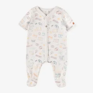 Pyjama crème à motifs avec manches courtes en coton biologique extensible, naissance  || Cream patterned short-sleeved pyjamas in stretch organic cotton, newborn