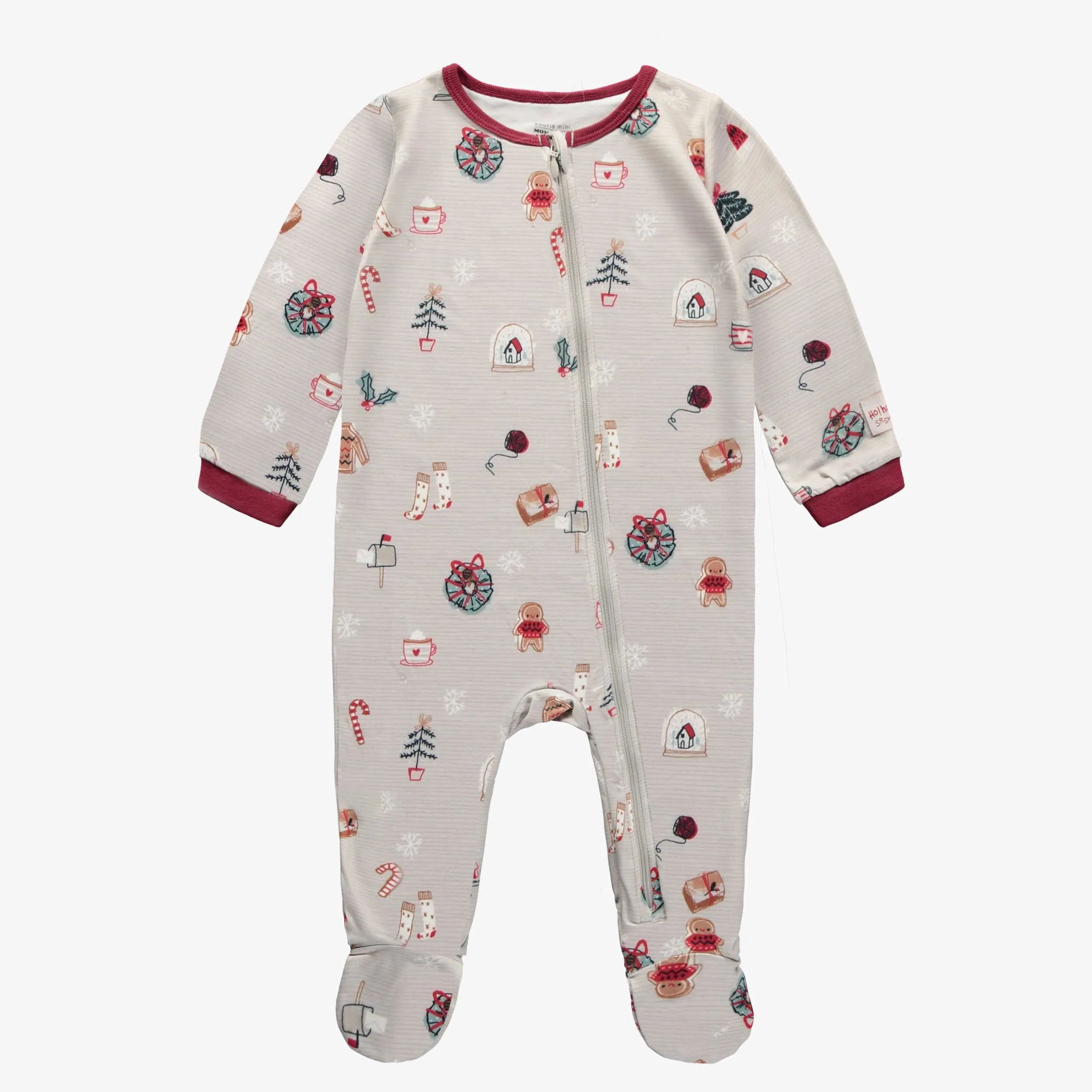 Pyjama des fêtes gris une-pièce en polyester brossé, bébé || Gray one-piece holiday pajama in brushed polyester, baby