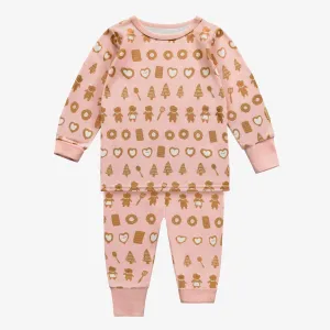 Pyjama deux-pièces rose à motif gourmand de biscuits en polyester, bébé || Pink two-pieces pajama with an all over print of delicious cookies in polyester, baby
