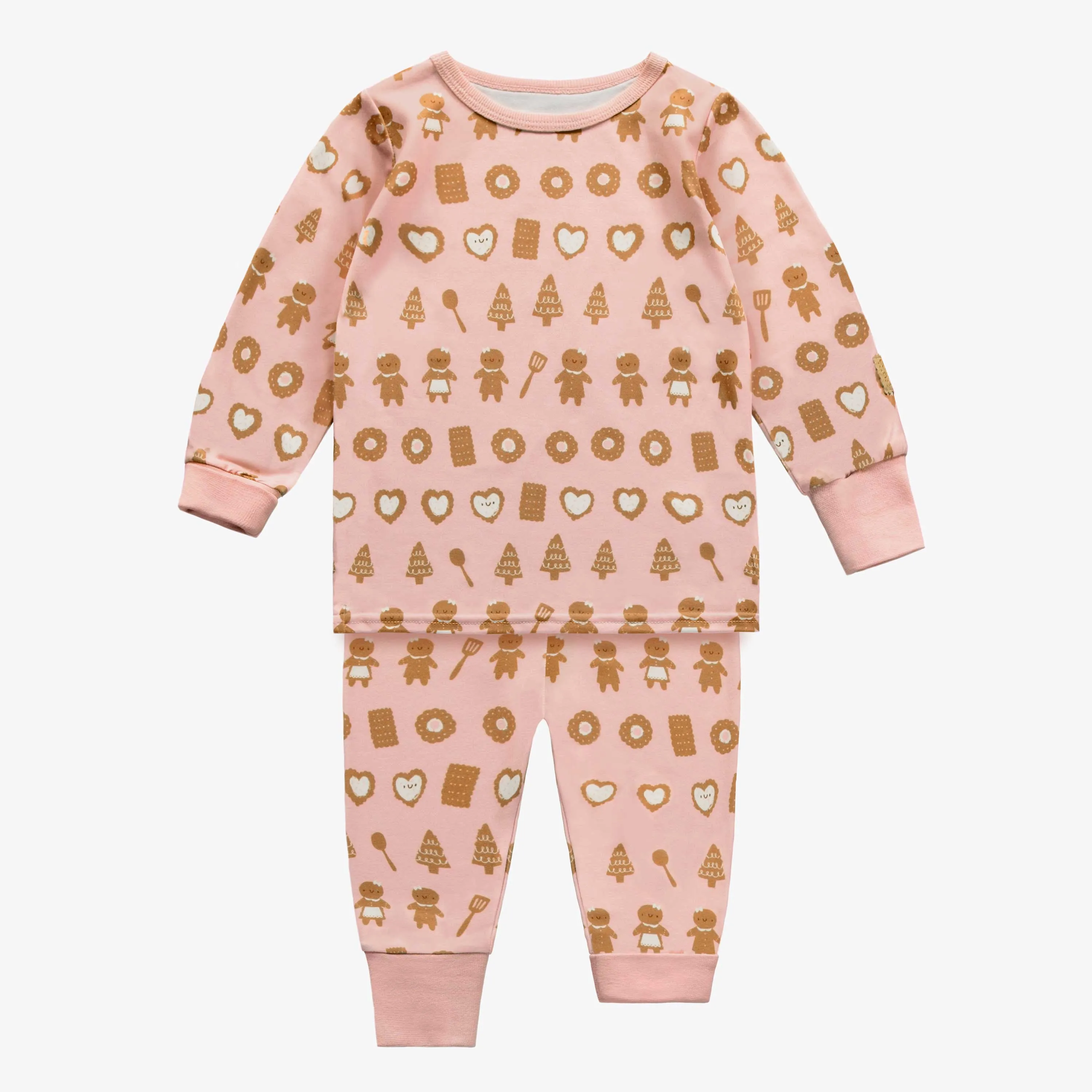 Pyjama deux-pièces rose à motif gourmand de biscuits en polyester, bébé || Pink two-pieces pajama with an all over print of delicious cookies in polyester, baby