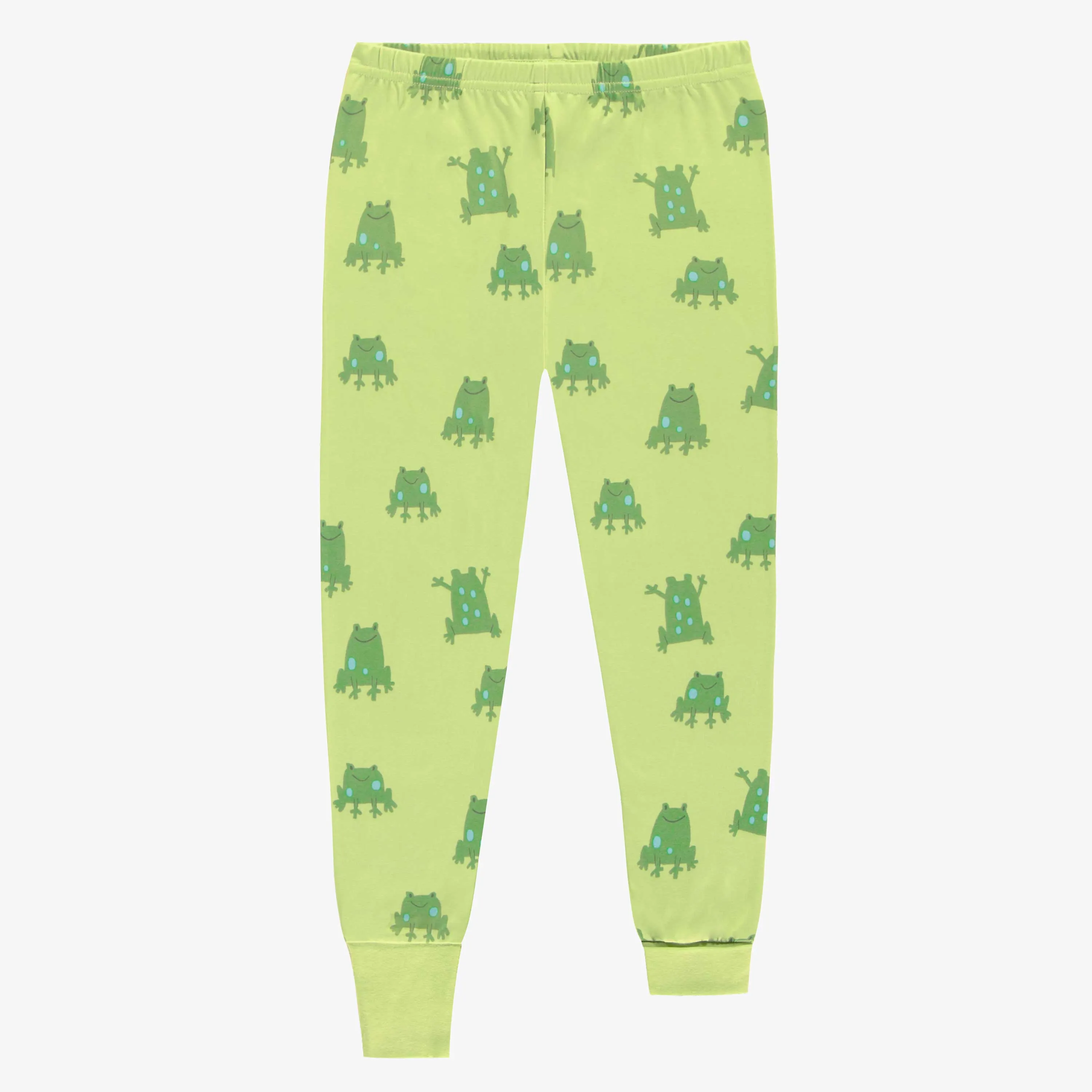 Pyjama deux pièces vert en tissu doux à motifs de grenouilles, enfant || Green two piece pajamas with frog all-over print in soft fabric, child