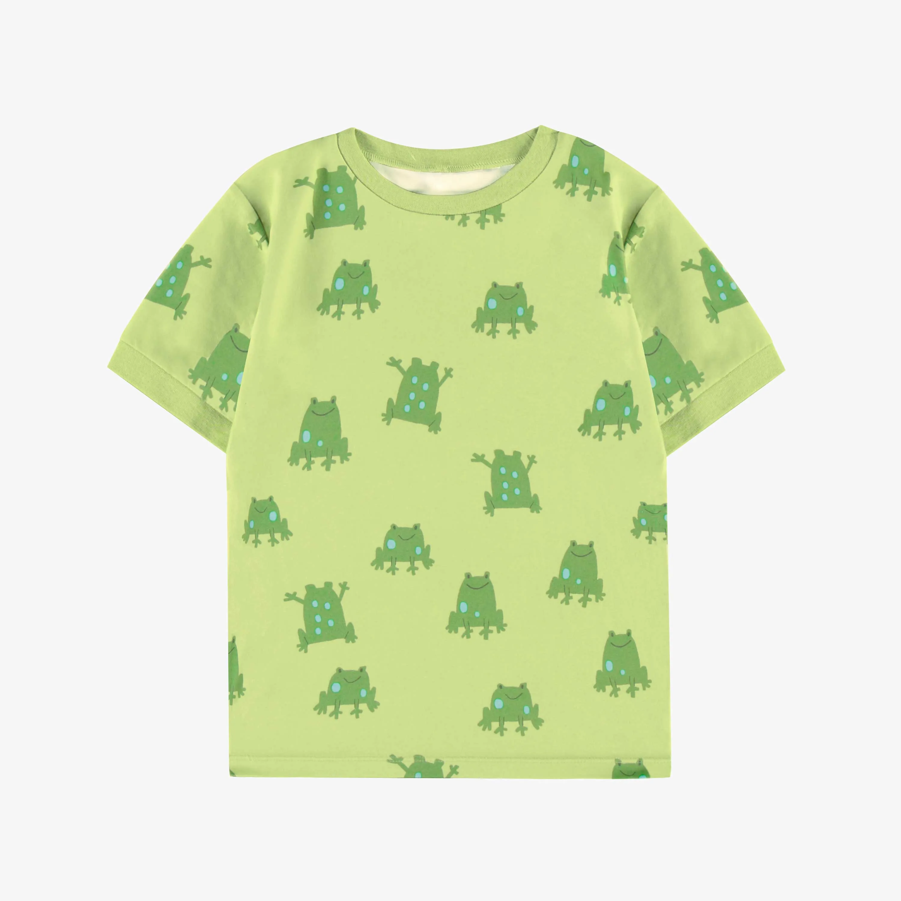 Pyjama deux pièces vert en tissu doux à motifs de grenouilles, enfant || Green two piece pajamas with frog all-over print in soft fabric, child
