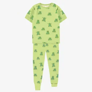 Pyjama deux pièces vert en tissu doux à motifs de grenouilles, enfant || Green two piece pajamas with frog all-over print in soft fabric, child
