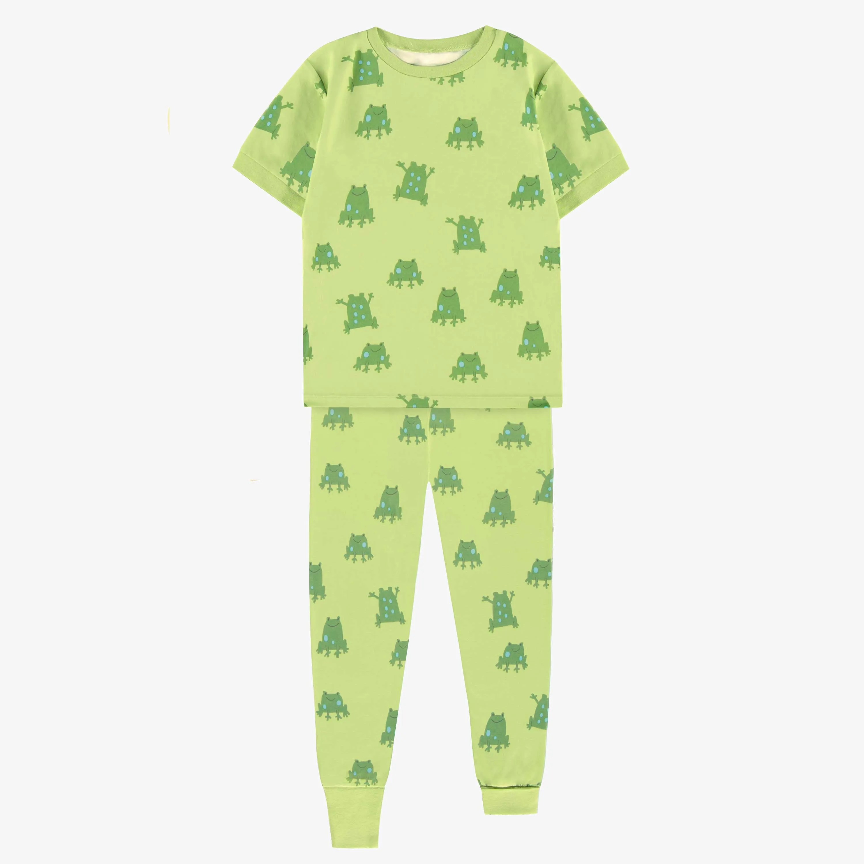 Pyjama deux pièces vert en tissu doux à motifs de grenouilles, enfant || Green two piece pajamas with frog all-over print in soft fabric, child