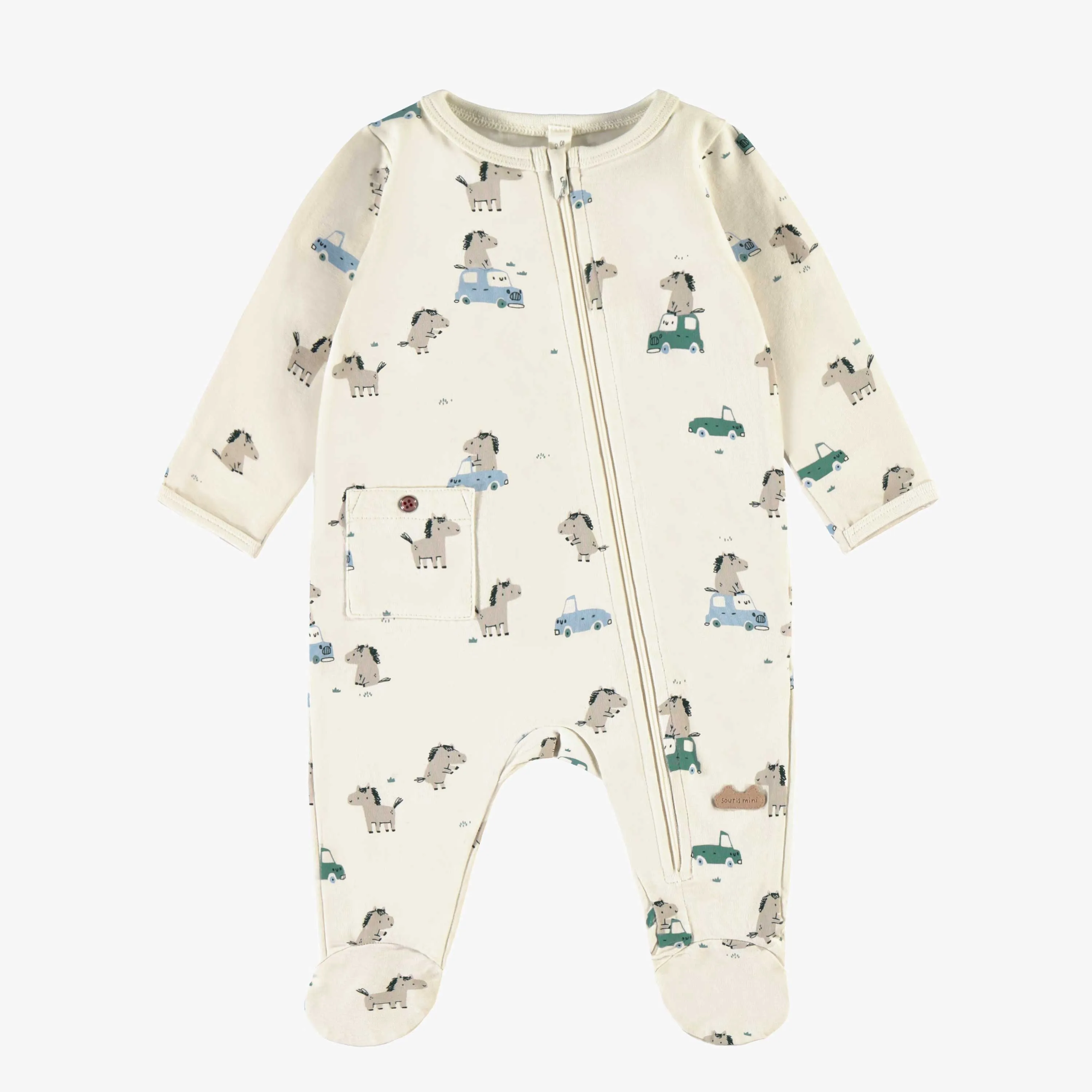 Pyjama une-pièce crème à motifs de chevaux, naissance || Cream one-piece pajamas with horse all over print, newborn