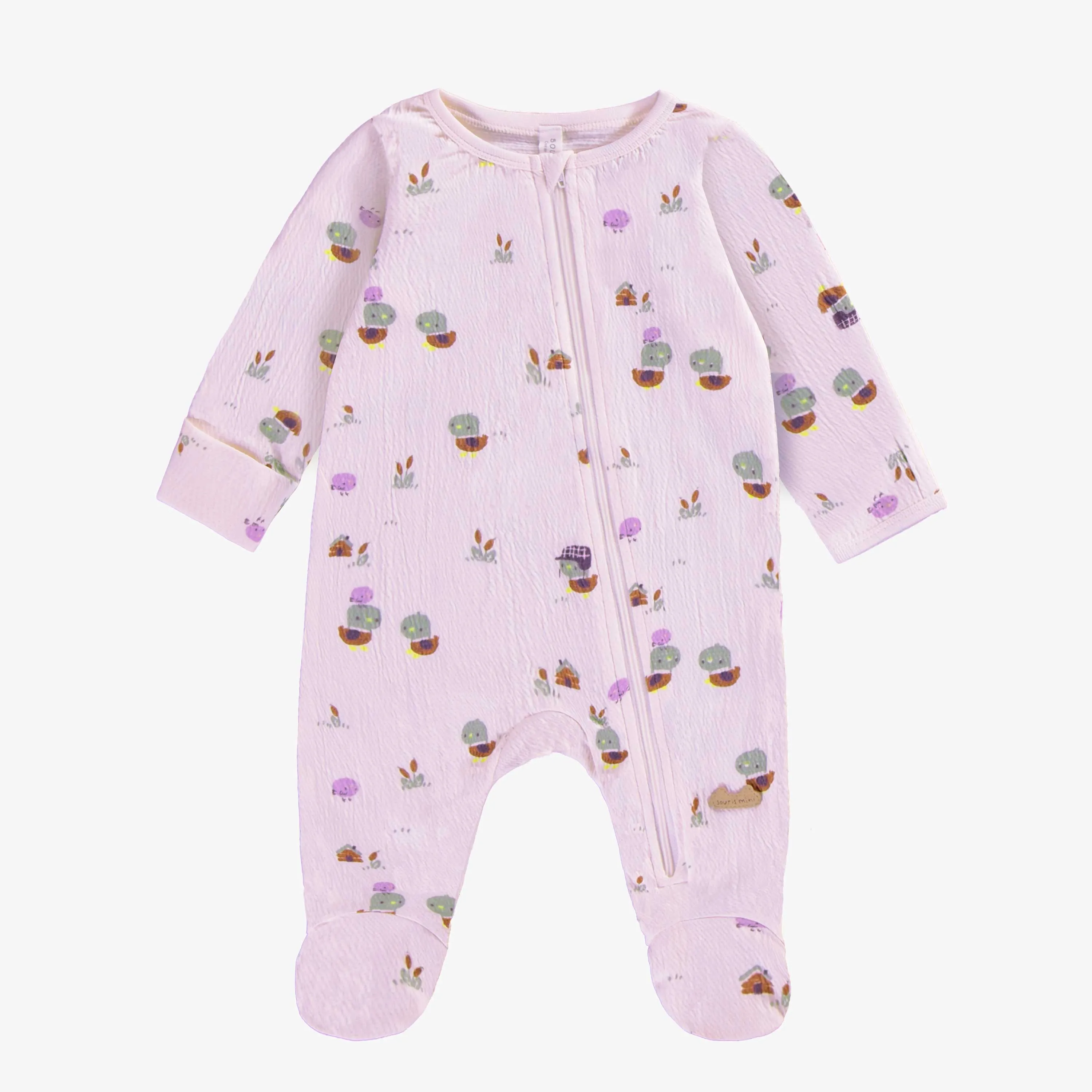 Pyjama une pièce lavande à motifs de canetons en jersey crêpé, naissance || Lavender one piece pajamas with ducks print in crinkle jersey, newborn