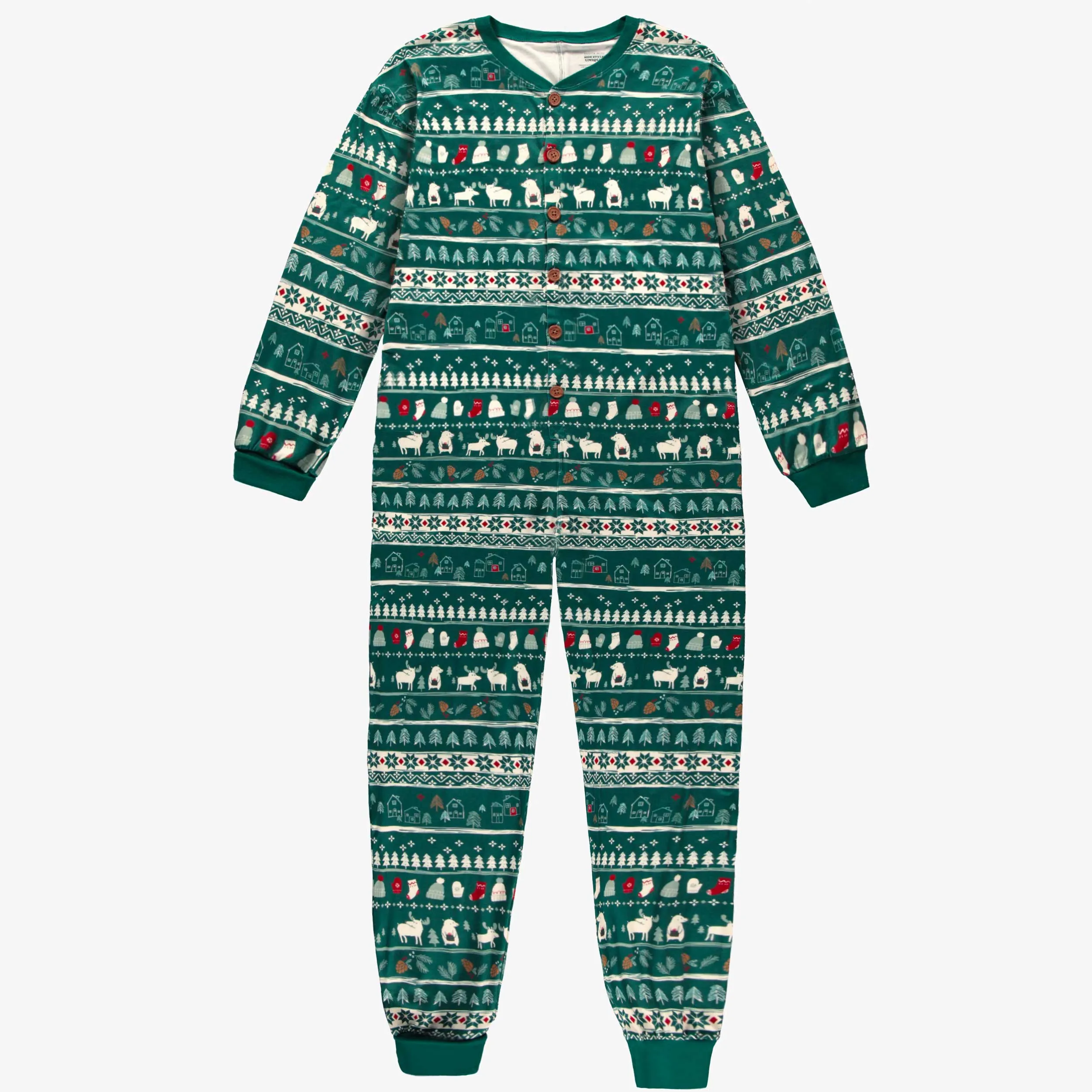 Pyjama une pièce vert en polyester brossé à motifs des fêtes, adulte