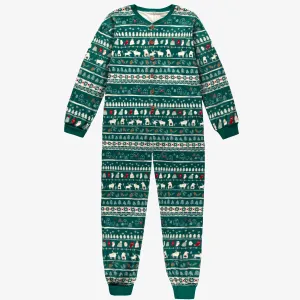 Pyjama une pièce vert en polyester brossé à motifs des fêtes, adulte