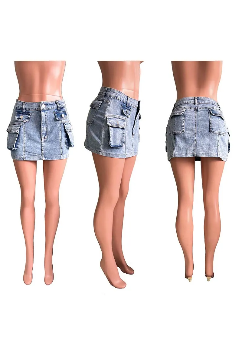 QG698 Denim Cargo High-Waist Mini Skirt