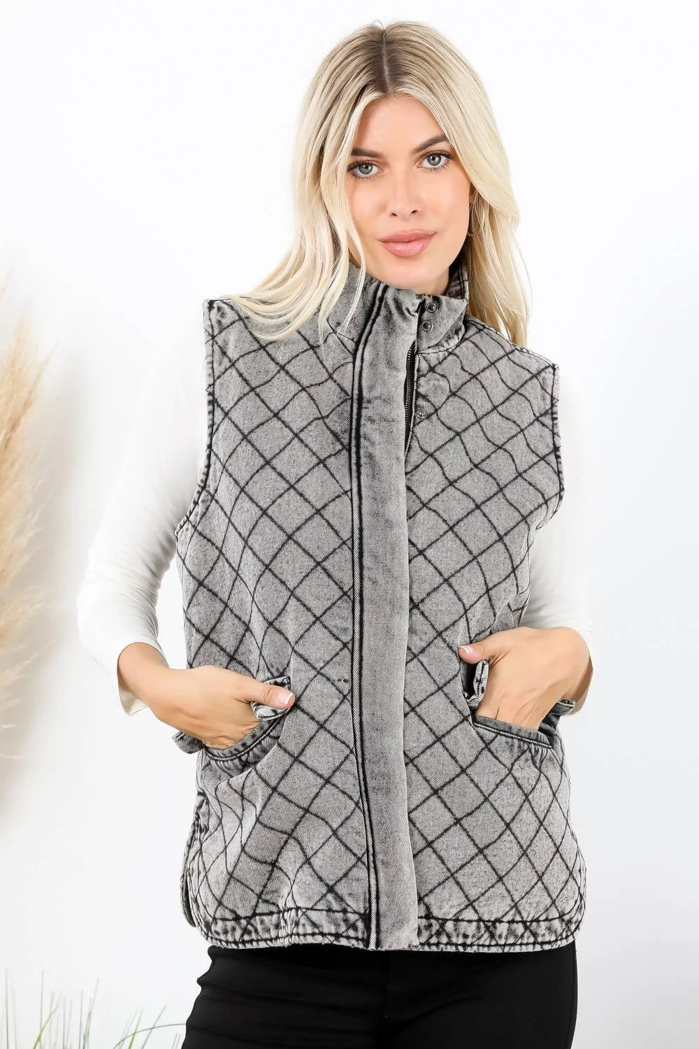 Quilted Denim Zip Up Front Washed Vest