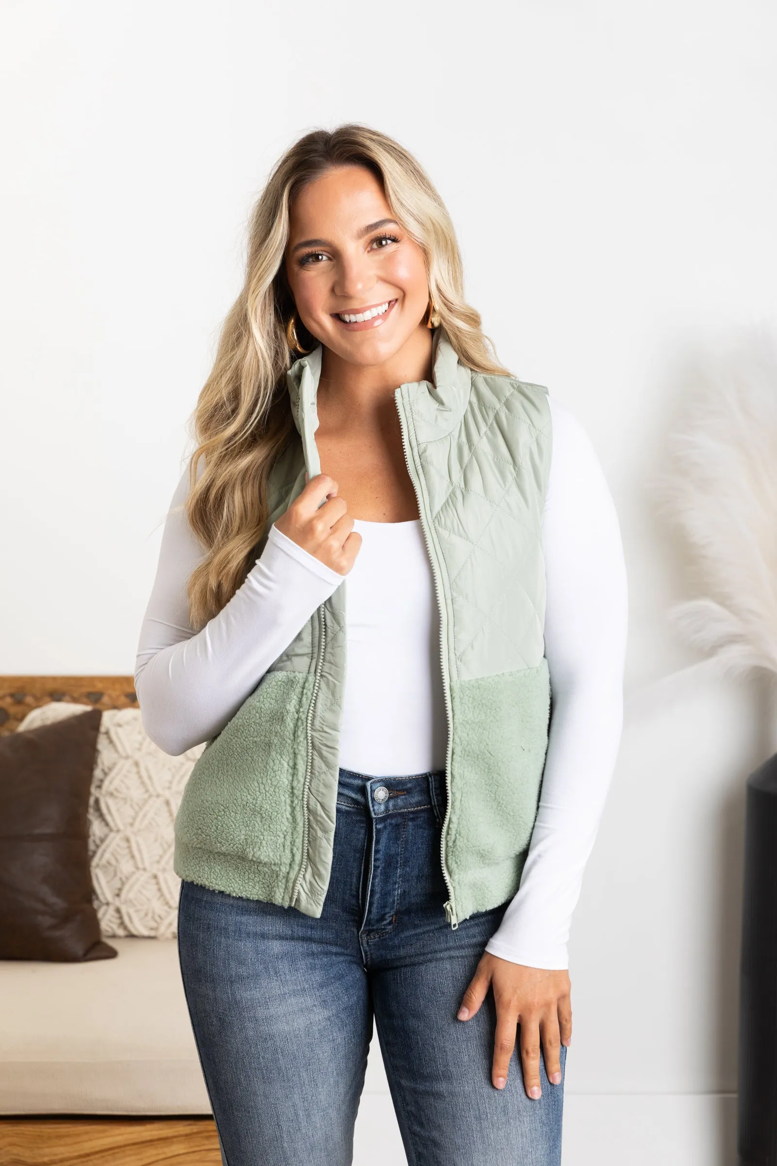 Quilted Fleece Mock Neck Vest
