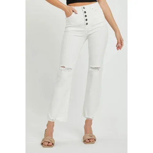'Rhea' High Rise Button Fly Straight Ankle Jeans