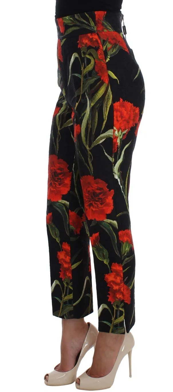 Roses Print High Waist Brocade Pants