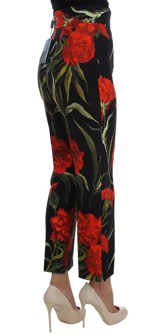 Roses Print High Waist Brocade Pants