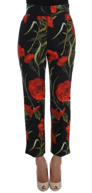 Roses Print High Waist Brocade Pants