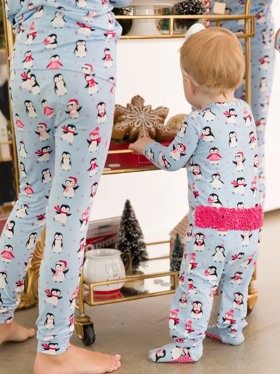 Ruffle One Piece Footie Pajamas - Pink Penguin Party