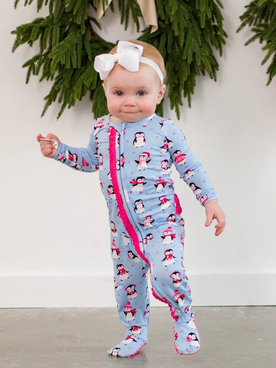 Ruffle One Piece Footie Pajamas - Pink Penguin Party