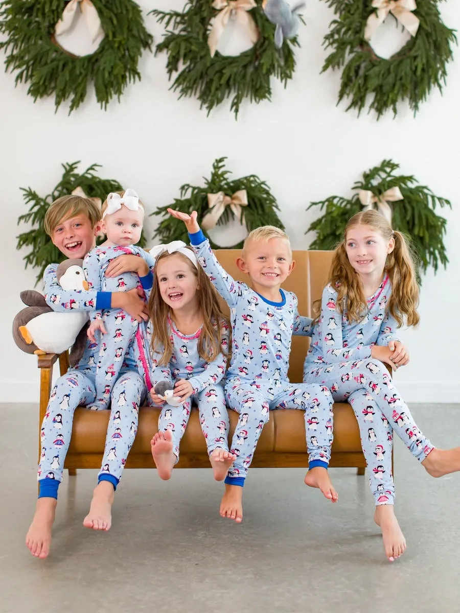 Ruffle One Piece Footie Pajamas - Pink Penguin Party